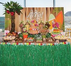 Tytroy 9ft Reusable Green Grass Hibiscus Flowers Hawaiian Luau Table Skirt Set with Bonus 12 Green Tropical Palm Leaves Perfect for Tropical Theme...