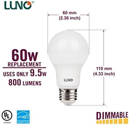 LUNO A19 Dimmable LED Bulb, 9.5W (60W Equivalent), 800 Lumens, 4000K (Neutral White), Medium Base (E26),UL & Energy Star (4-Pack)...