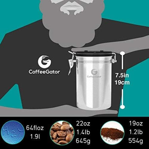 Coffee Gator Coffee Canister - 22oz, Airtight Stainless Steel Kitchen Food Storage Container with Date Tracker, Scoop for Grounds Coffee Bar Acces...