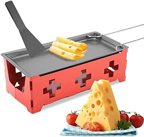 Cheese Raclette Stretchable Non Stick Cheese Rotaster Baking Tray, Iron Metal Grill Plate Accessories Cheese Melter, Baking Tray, Red Hob, Spatula...
