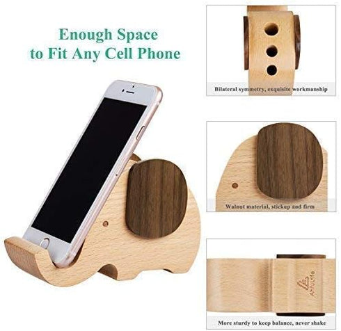 AhfuLife Elephant Pen Pencil Holder with Phone Stand, Wooden Elephant Shaped Desk Organizer Decor, Elephant Gifts for Women Cute Desk Accessories ...