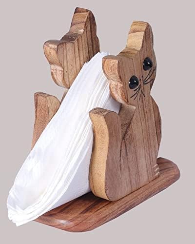 FRESCORR - Handmade Real Wood Cat Shape Napkin Holder 6.5 inches, (Light Wood)...