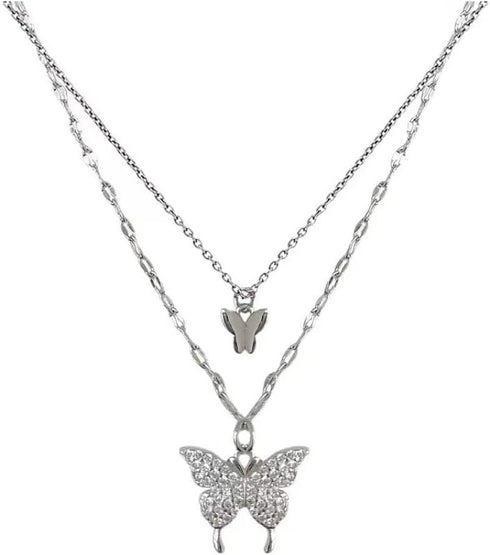 Pingyongchang Bohemian Butterfly Pendant Necklace Choker Silver Layered Crystal Choker Necklace Layered Lace Chain Rhinestone Necklace Insect Chai...