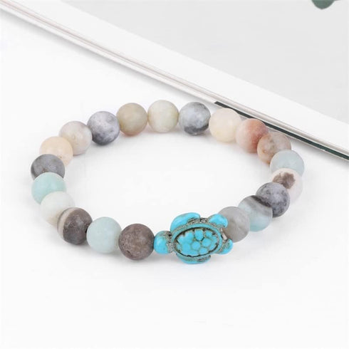 Pingyongchang 4pcs Sea Turtle Beads Bracelets Set,Elastic Natural Stone Stretch Lava Bracelet Anklet for Women Men,Supports the Sea Turtle Conserv...