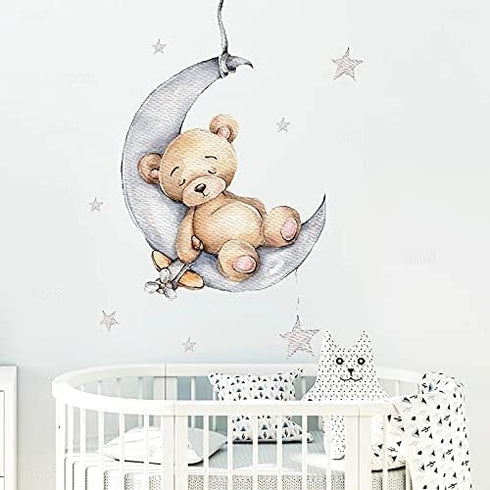 Teddy Bear Sleeping on The Moon and Stars Wall Stickers for Kids Baby Room Interior Decoration Wall Decals (Teddy Bear)...