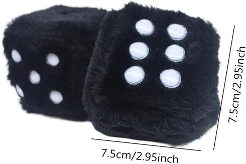 Retro Dots Fuzzy Dice Car Mirror Hanging with Suction, Cubic Square Plush Dice Auto Rearview Mirror Dice for Car Ornament Decoration (Black, 1 Pai...