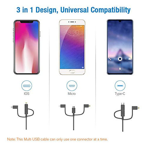 Apple MFI Certified 3-in-1 Cable, Lightning/Type C/Micro USB Cable for iPhone, iPad, Huawei, HTC, LG, Samsung Galaxy, Sony Xperia, Android Smartph...