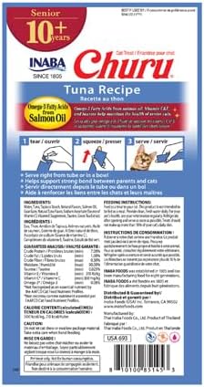 INABA Churu for Senior 10+, Creamy Lickable Cat Treats with Taurine, Vitamin E & C, 0.5 ounces Each, 24 Tubes (4 per Pack), Tuna Recipe...