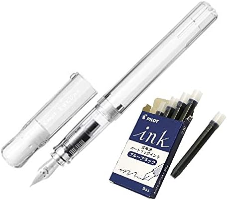 Kakuno Pilot Fountain Pen Fine Print Transparent Body Black Ink FKA-1SR-NC with 5 Blue Black Refill and Original Stylus Ballpoint Touch Pen......