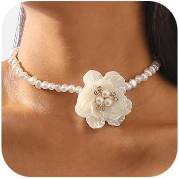 Gangel Big Flower Necklace Choker Pearl Choker Necklace White Flower Necklaces Choker Vintage Floral Choker Prom Flowers Necklace Jewelry for Wome...