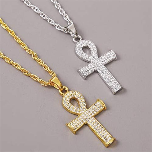 COLORFUL BLING Ankh Egyptian Cross Pendant Necklace 14K Gold Plated Cubic Zirconia Iced Out with Crystal 24 Inches Brass Rope Chain for Men and Wo...