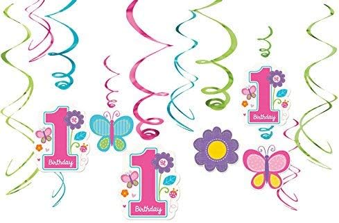 Amscan Foil Swirl Decorations | 1st Birthday Girl |Flowers and Butterflies Collection, 12 Pieces, Multicolor...