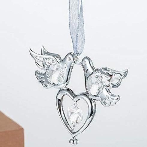 Matashi Chrome Plated Crystal Studded Silver Love Doves Birds Hanging Ornament with Heart, Romantic Gift, Love Symbol for Christmas, Anniversary, ...