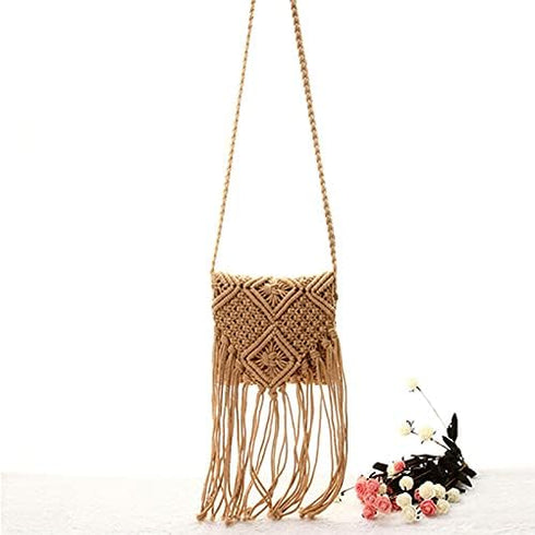 Van Caro Handwoven Cotton Straw Shoulder Bag Crochet Tassel Beach Bohemian Purse for Women...