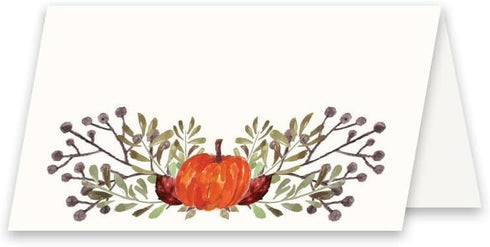 Koko Paper Co Thanksgiving Table Place Cards with Pumpkin and Fall Leaves | 50 Tent Style Dinner Setting Name Cards | Designed and Made in the U.S...
