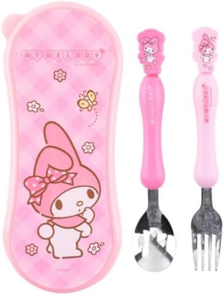 Cute Pink Melody Fork and Spoon Flatware Set with Case, Tableware Set with Cute Figure, Medium...