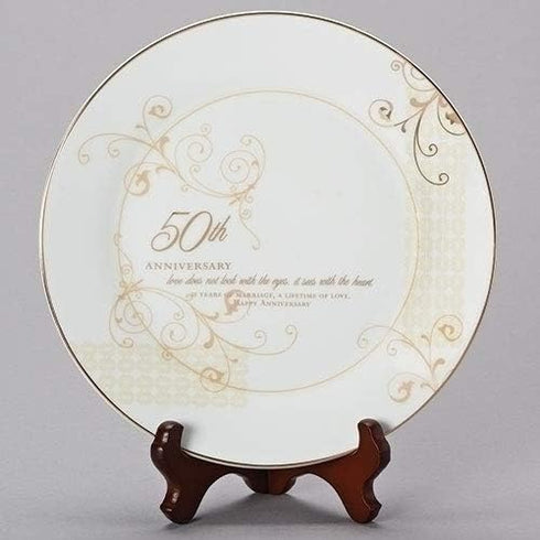 Roman 50th Wedding Anniversary Plate – 2-Piece Set with Decorative Plate and Stand, Golden Celebration Gift for Couples...