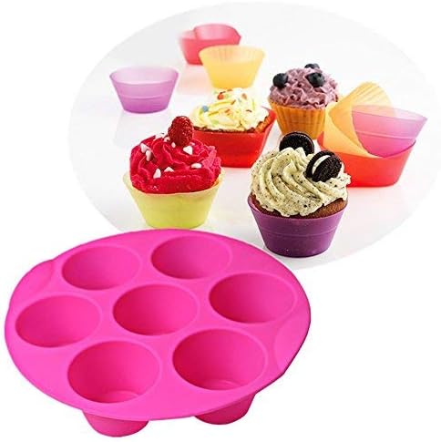 7 Cavity Silicone Air Fryer Muffin Pans Nonstick Brownie Cake Mold Round Pudding Cupcake Recipe Tray Bakeware, Rose...