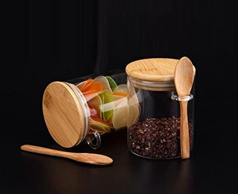 123Arts Glass Container Sugar Bowl Spice Jar Food Storage with Wooden Lid and Spoon...