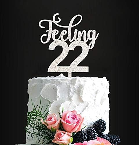 Feeling 22 Silver Glitter Acrylic Cake Topper, 6.1" x 4.5", 22nd Birthday, Reusable Souvenir...