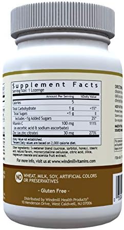 Windmill Health Products Natural Vitamins Zinc Lozenges with Vitamin C Honey Lemon Flavor, Immune System Support, Provides Antioxidant Support, De...