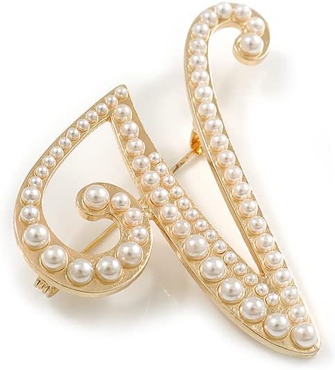 V' Large Gold Plated White Faux Pearl Letter V Alphabet Initial Brooch Personalised Jewellery Gift - 55mm Tall...