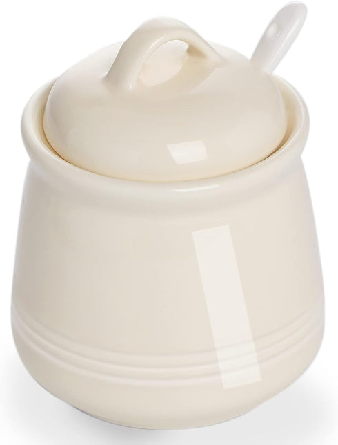 HAOTOP Porcelain Sugar Bowl, Ceramic Salt Bowl with Spoon and Lid for Home and Kitchen, 12 Ounces (Beige)...