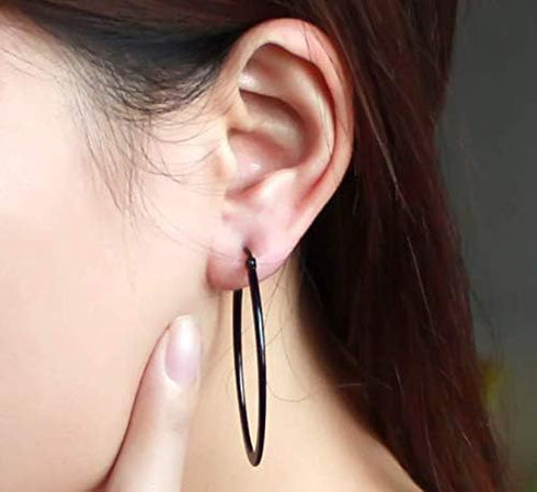Stainless Steel Gold Thin and Flat Big Large Oval Spring loaded Hoop Earrings-black...