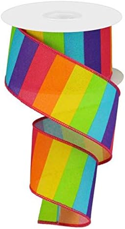 Rainbow Horizontal Stripe Canvas Wired Edge Ribbon - 10 yards (Neon Multi, 2.5")...