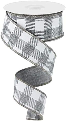 Plaid Check Wired Edge Ribbon - 10 Yards (Grey, White, 1.5 Inches)...