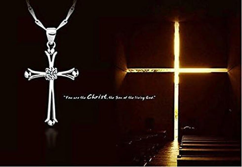 Fashion Jewelry 925 Sterling Silver Inlaid Crystal Cubic Zirconia Cross Pendant Necklace...
