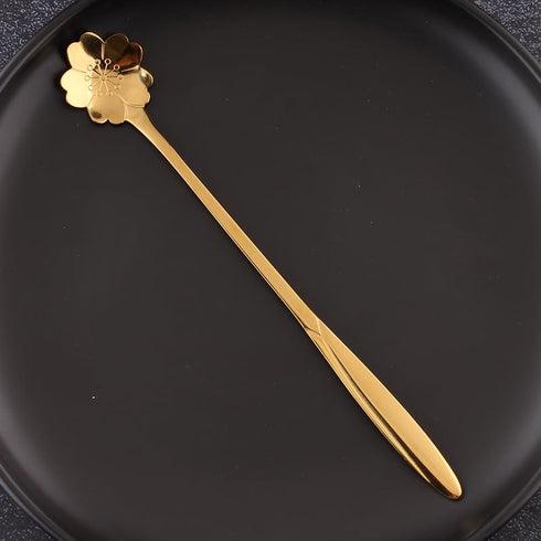 16 Pieces Flower Spoon Coffee Teaspoon 7 Inch Stainless Steel Long Handle Spoon Stir Bar Spoon Stirring Spoon Ice Cream Spoon Gold Sakura Shaped...