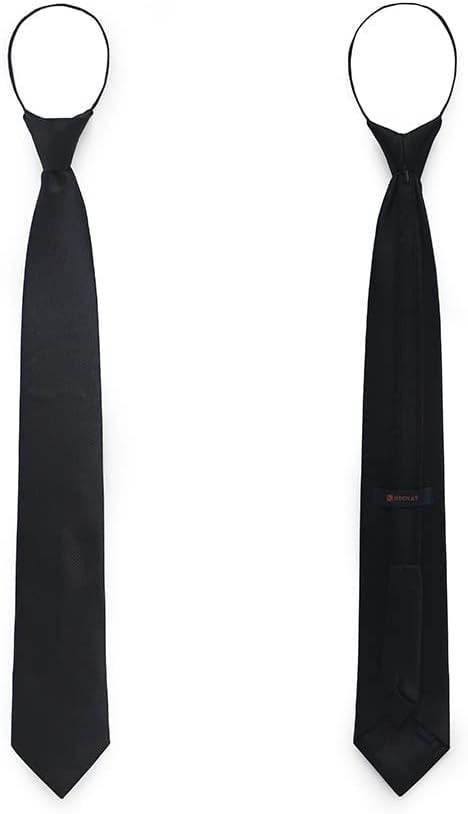 Men's Black Classic Woven Jacquard Solid Pre-Tied Adjustable Zipper necktie...