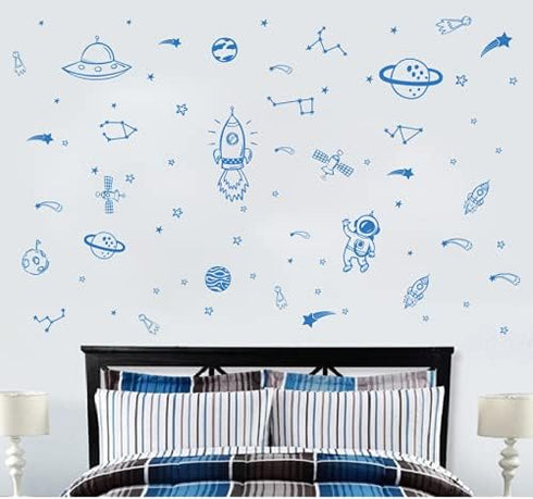 Outer Space Wall Stickers for Kids – Rockets, Stars, Planets and Galaxy Themed Decals – Educational and Decorative Vinyl for Boys Bedroom, Nursery...
