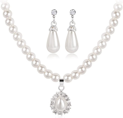 Wekicici Bridal Necklace Earrings Bracelet Set Ivory Teardrop Pearl Wedding Set, Matching Bridal Necklace & Earrings for Women, white...