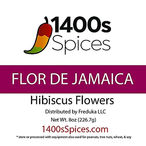 8oz Dried Hibiscus Flowers perfect for Tea and Mexican Agua Fresca, Flor de Jamaica, Whole Flowers and Petals by 1400s Spices...