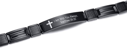 MEALGUET Stainless Steel Religous Scripture Quote Faith Christian Bible Verse Inspirational Cross Carbon Fiber Link Bracelet for Men...
