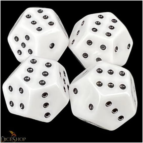 DodecaD6 - Spot - Pipped 12 Sided D6 dice - White w/Black Set of 4 - Double six dice D12 Rolls Better...