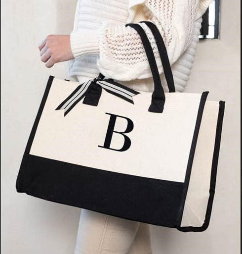 Mud Pie Classic Black and White Initial Canvas Tote Bags (B), 100% Cotton, 17" x 19" x 2"...