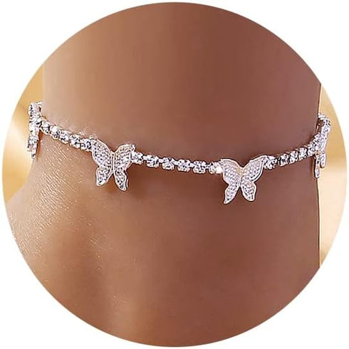 DoreenBow Dainty Layered Anklet Butterfly Initial Heart Evil Eye Ankle Bracelets for Women Rhinestone Simple Chain Anklet Gold Foot Anklet Summer ...
