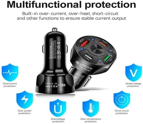 Multipurpose 4 Port USB Fast Charging Cigarette Light Car Charger 2USB/PD20W/ QC 3.0 LED Display Compatible with Android/iOS Iphone series, Galaxy...