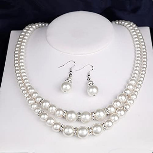 COLORFUL BLING 1920s Classic Faux Pearls Necklace Multi-Layer Strand Bracelet Dangle Earrings Set Beads Accessories Wedding Costume Party Jewelry ...
