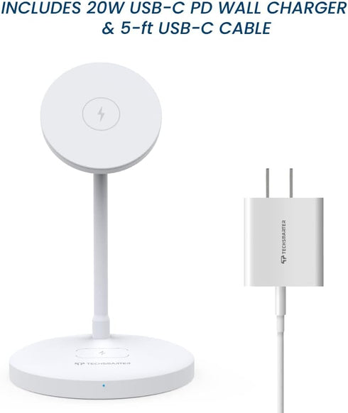 Techsmarter 2-in-1 Magnetic Wireless Charging Stand with 20W USB-C Wall Charger & 5ft USB-C Cable. Compatible with iPhone 12, 13, 14 and headphone...