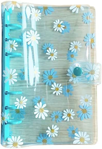 Blue A6 6 Holes Transparent Daisy PVC Binder Cover Loose Leaf Sheet Protector Round Ring View Binder Notebook Planner Folder with Snap Button Clos...