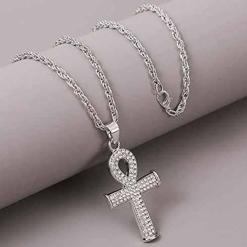 COLORFUL BLING Ankh Egyptian Cross Pendant Necklace 14K Gold Plated Cubic Zirconia Iced Out with Crystal 24 Inches Brass Rope Chain for Men and Wo...