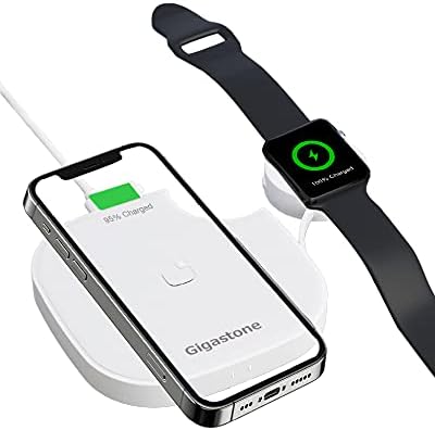 Gigastone 2 in 1 Qi Dual Wireless Charging Pad 10W Max Compatible with iPhone 15/14/13/12/11/XR/XS/X/8, Apple Watch 9/8/7/6/SE/5/4/3/2/1, Airpods ...