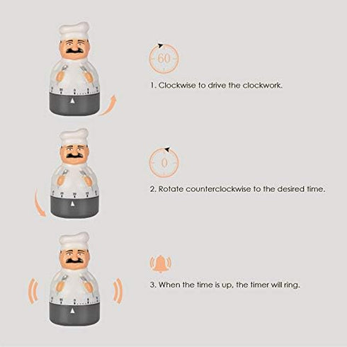 Kitchen Timer Cooking Timer 60 Minutes Countdown Timer Mechanical Timer Chef Shaped Alarm Clock,Suit for Children and Elderly,used for Cooking Bak...