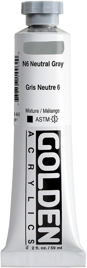 Heavy Body Acrylics by GOLDEN, N6 Neutral Gray, 2 fl. oz. Tube, Professional Acrylic Paint, Opaque...