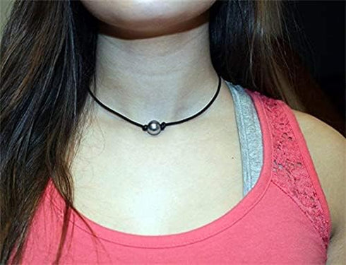 Black Bead Leather Choker Necklace for Women and Boho Single Bead Handmade Choker Jewelry...