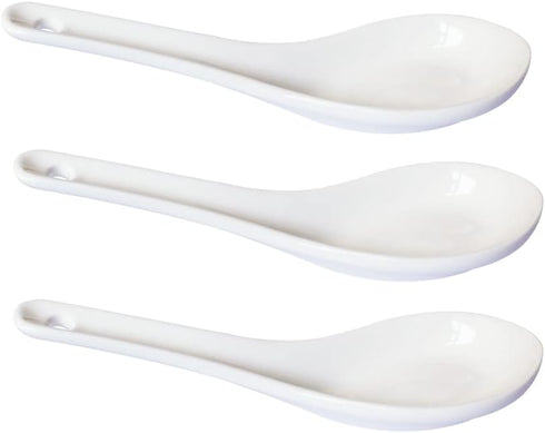 3 pcs Asia Porcelain Soup Spoon Ceramic Rice Spoons Chinese Won Ton Spoons for Home Kitchen Restaurant White...